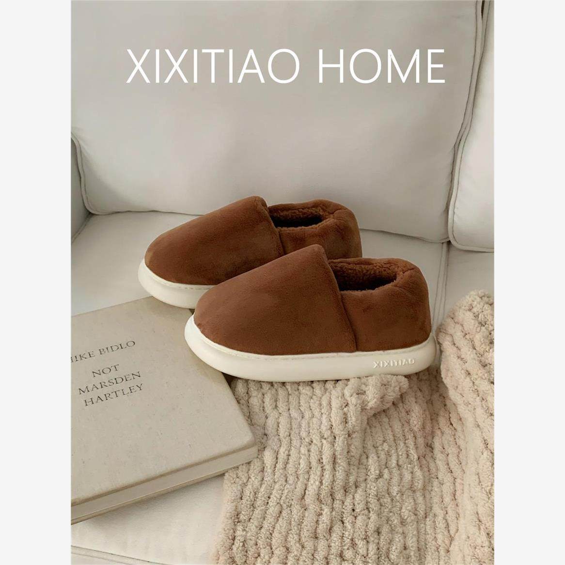 日系简约舒适包跟毛毛鞋男女保暖冬季时尚居家防滑休闲情侣棉拖鞋