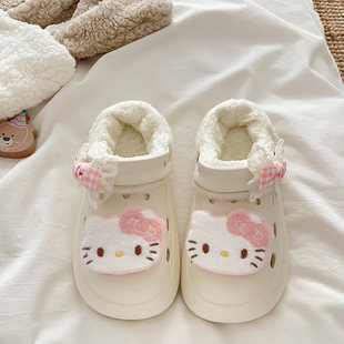 家居厚底防滑毛毛鞋 外穿加绒保暖洞洞鞋 女冬季 可爱KT猫毛绒棉拖鞋