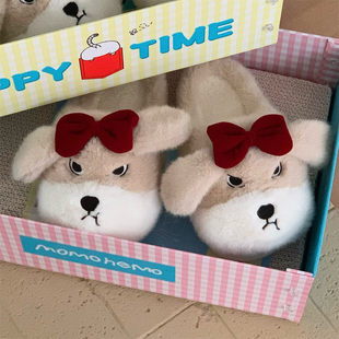 防滑保暖女士室内棉拖鞋 居家少女心毛毛月子鞋 可爱蝴蝶结小狗冬季