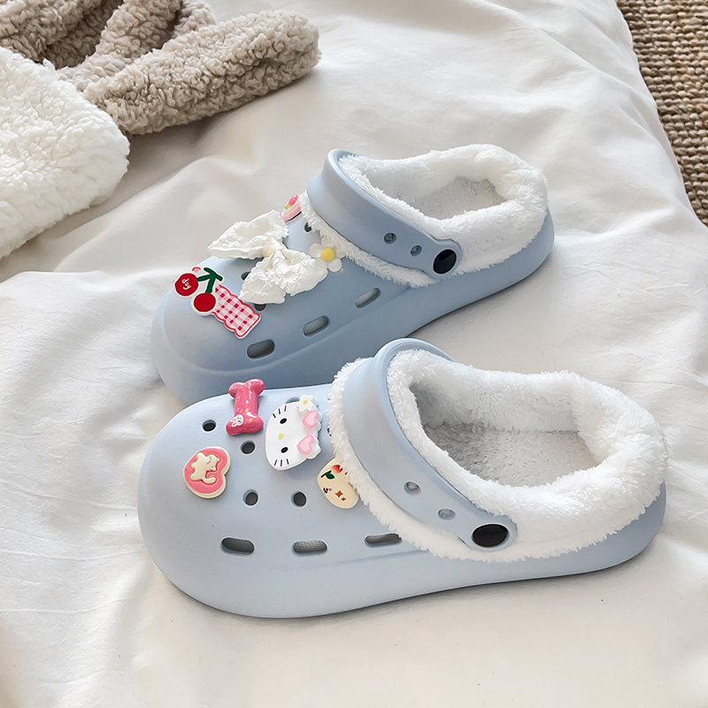 可爱加绒洞洞鞋女2026新款冬季外穿厚底防滑增高保暖包头棉拖鞋女