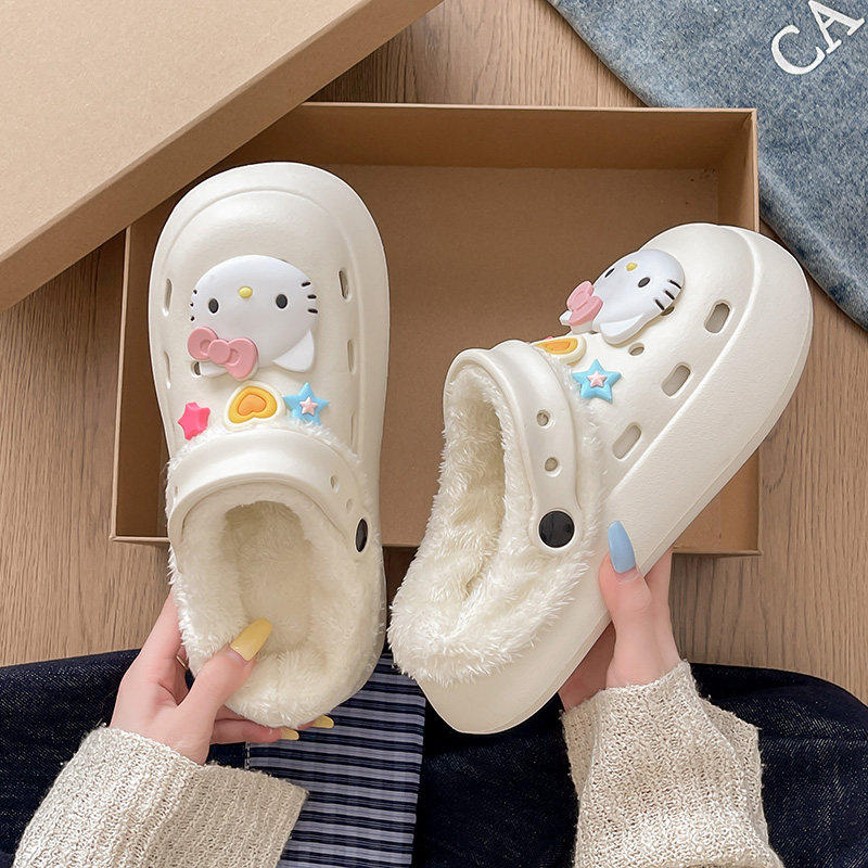 可爱卡通EVA棉拖鞋女冬季加绒保暖防滑厚底包头洞洞鞋外穿家居鞋