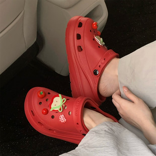 苹果番茄ins软厚底足弓凉拖鞋 个性 外穿防滑女夏季 学生增高洞洞鞋