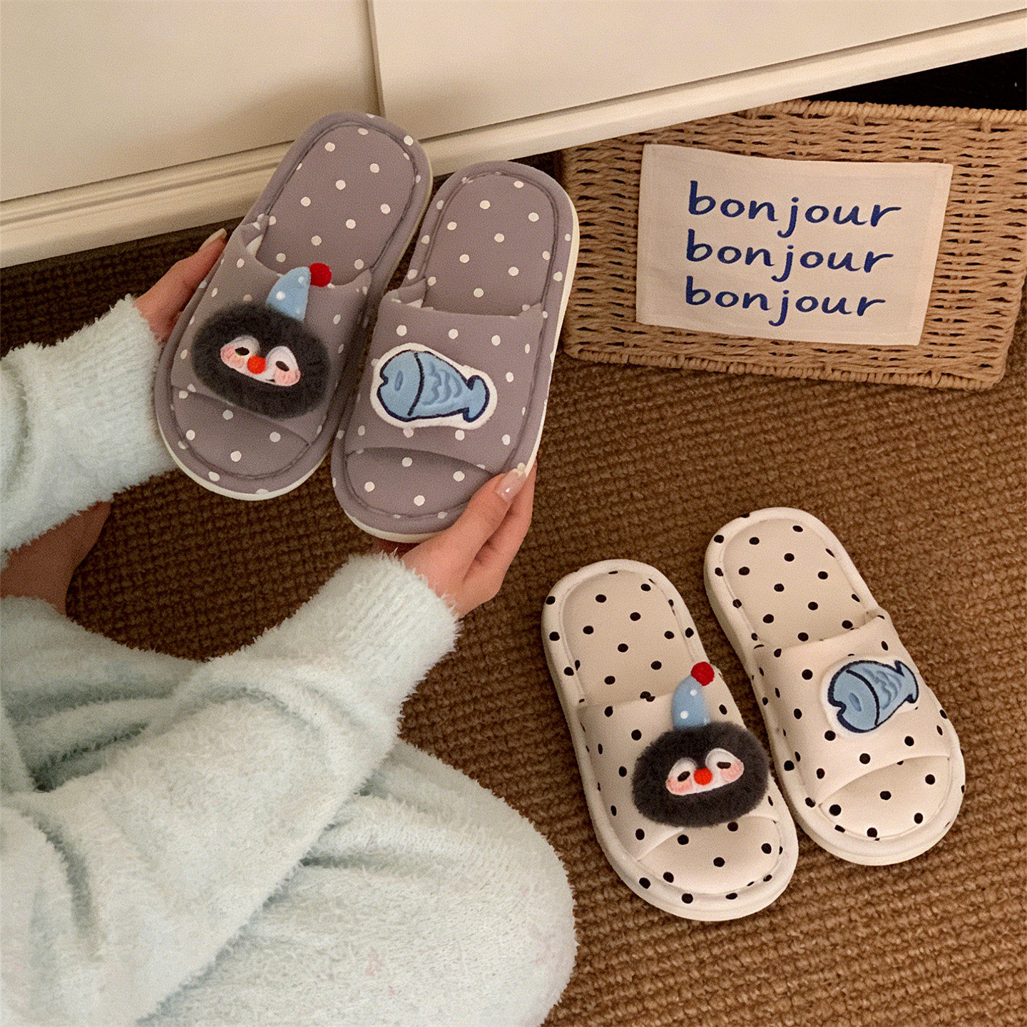 ins风卡通企鹅小鱼棉布拖鞋可爱波点女居家吸汗防滑四季款地板鞋