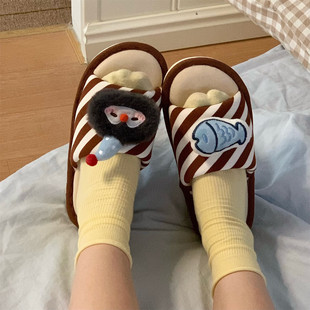 防滑舒适趣味企鹅小鱼女士ins地板鞋 软底四季 通用空调房棉麻拖鞋