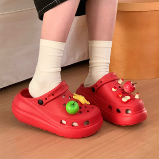 夏季 沙滩新款 防滑增高可爱苹果百搭洞洞鞋 足弓厚底凉拖鞋 女士个性