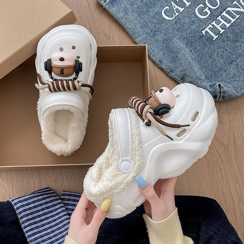 加绒洞洞鞋女外穿冬季2026新款厚底增高保暖可拆卸毛绒棉拖鞋冬天