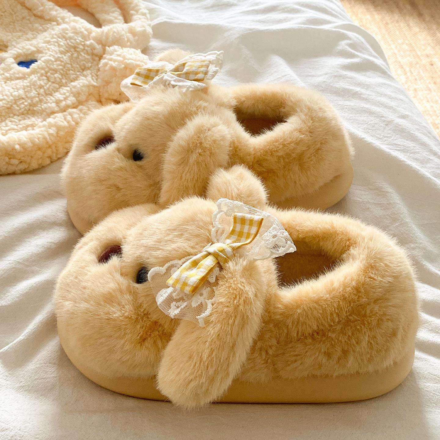 可爱棉拖鞋女款冬季居家室内厚底防滑保暖新款蝴蝶结包跟毛绒棉鞋