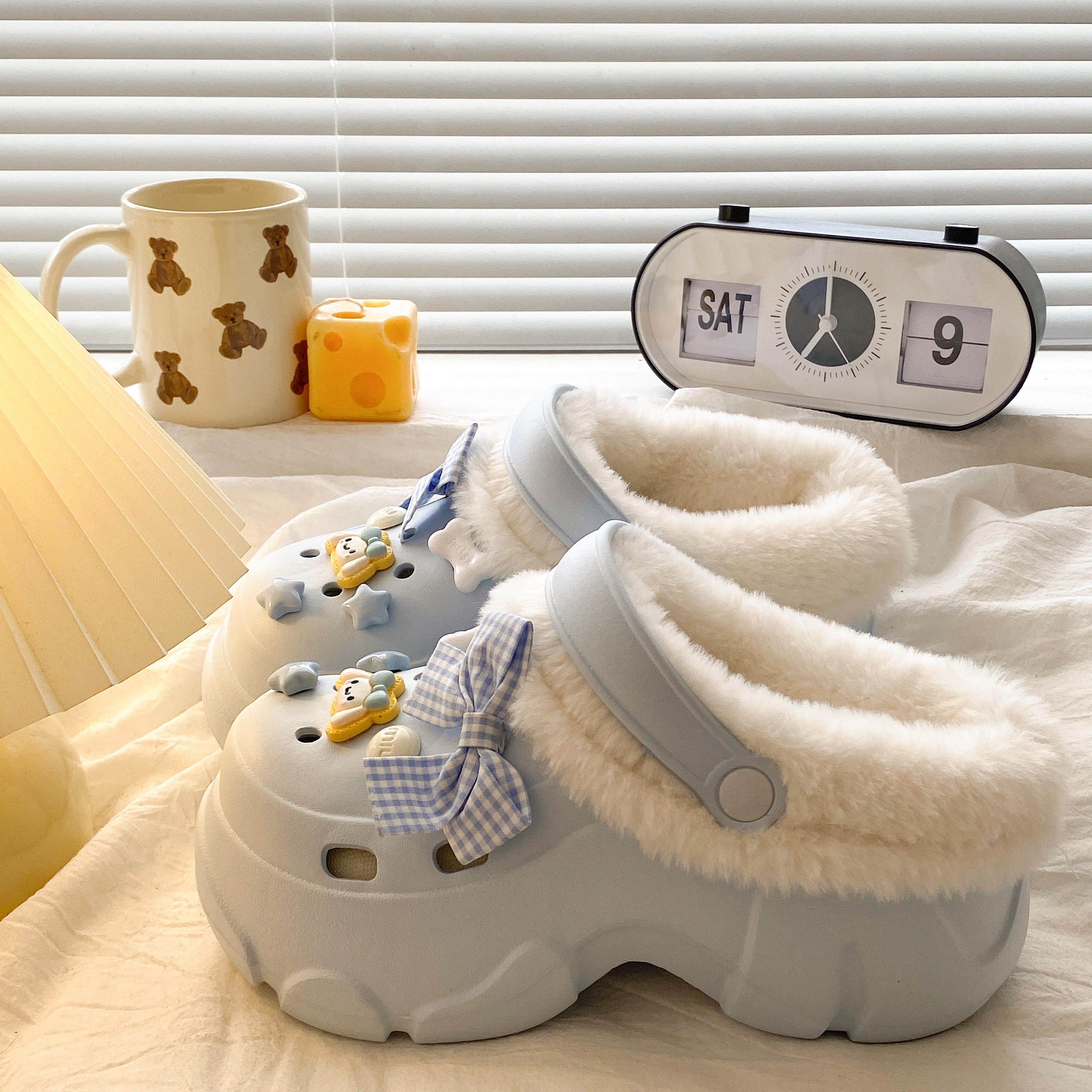 保暖学生宿舍冬季半包跟家居用棉拖鞋女款加绒厚底外穿防滑毛毛鞋