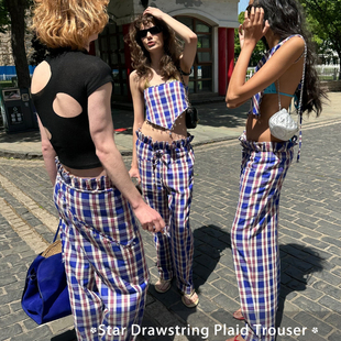 官方*X@LWORCLO*手工珠片褶皱花边抽绳休闲格纹裤两件套