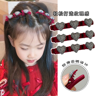 爱心植绒编发夹女本命年红色发卡儿童前额刘海碎发公主头鸭嘴夹子