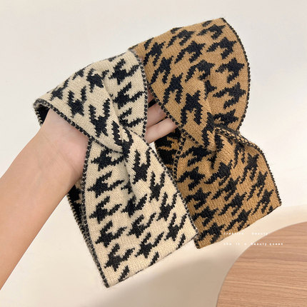 复古千鸟格毛线束发带女宽边针织交叉秋冬外出发箍2024年新款头饰