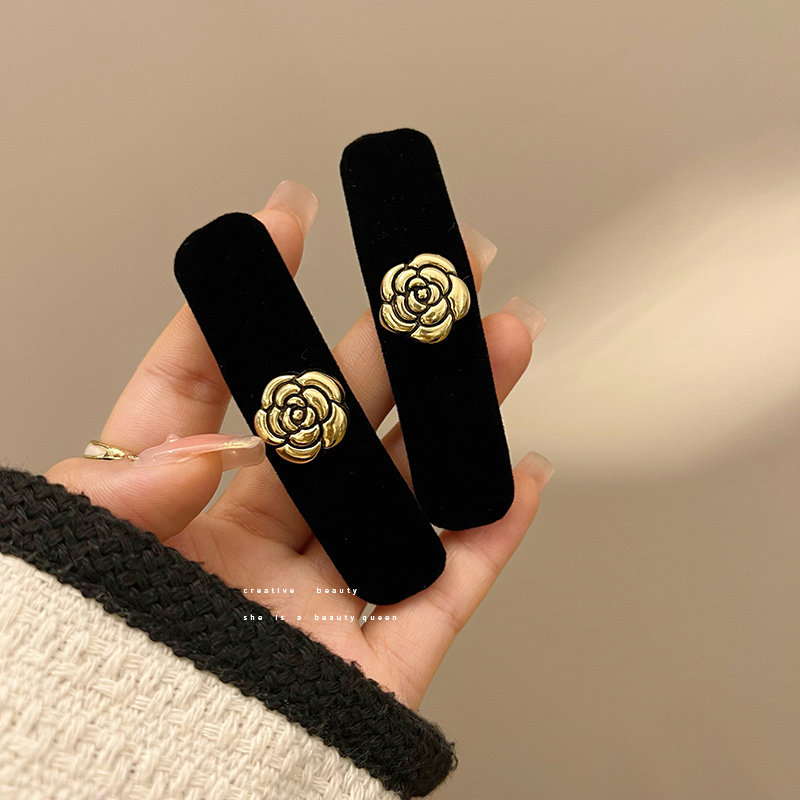 复古山茶花丝绒发夹女侧边碎发刘海BB夹子头饰发卡2022年新款发饰