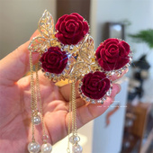 红色玫瑰高马尾小抓夹女后脑勺半扎发发夹高级感樱桃鲨鱼夹子头饰