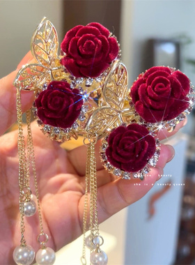 红色玫瑰高马尾小抓夹女后脑勺半扎发发夹高级感樱桃鲨鱼夹子头饰