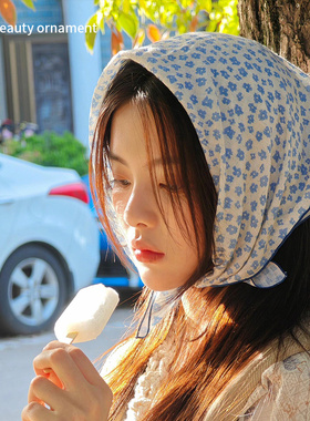 杨超越同款蓝色碎花三角头巾女法式田园风绑发带高级感包头巾头饰