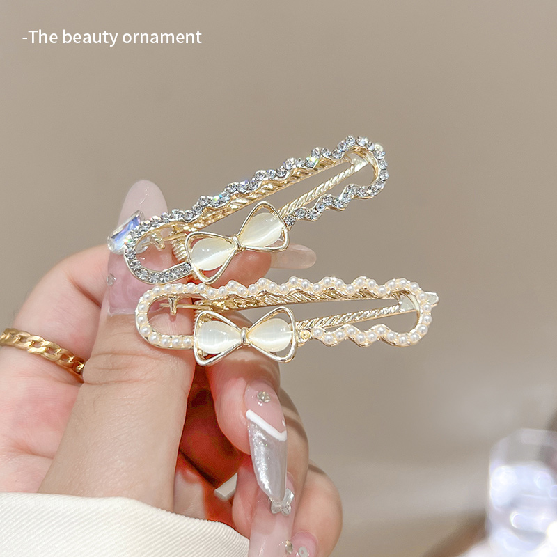 轻奢猫眼石蝴蝶结发夹女夏季百搭侧边刘海一字夹高级感前额鸭嘴夹