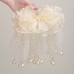 时尚珍珠流苏褶皱裙摆抓夹女后脑勺盘发鲨鱼夹子发卡2025新款头饰