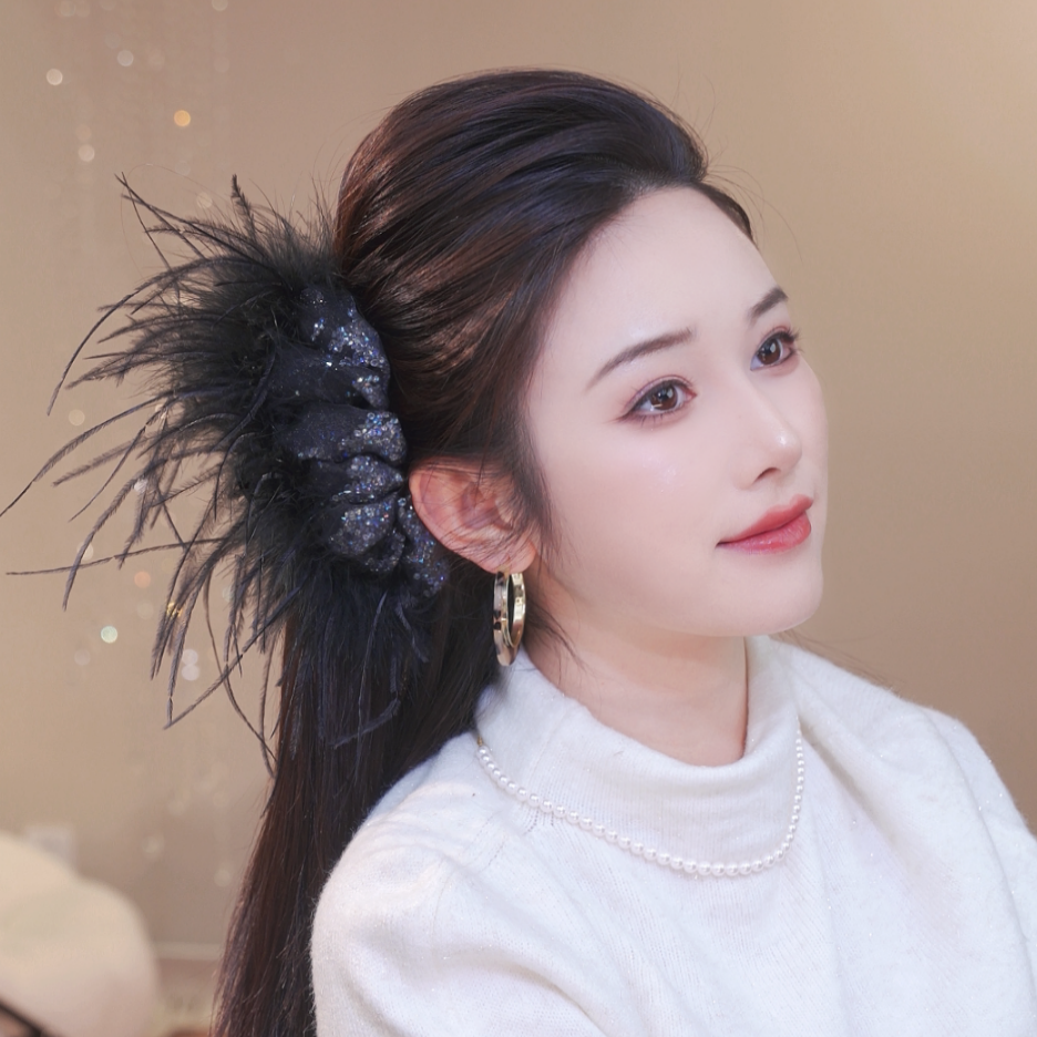 轻奢云朵蝴蝶结羽毛抓夹女半扎发夹子后脑勺盘发鲨鱼夹高级感头饰