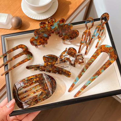 高级感松石蓝醋酸发饰2025新款女后脑勺盘发簪不硌头扁平抓夹头饰