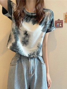 扎染t恤女夏2023年新款 设计感小众冰丝面膜短袖 短款 上衣高腰薄款