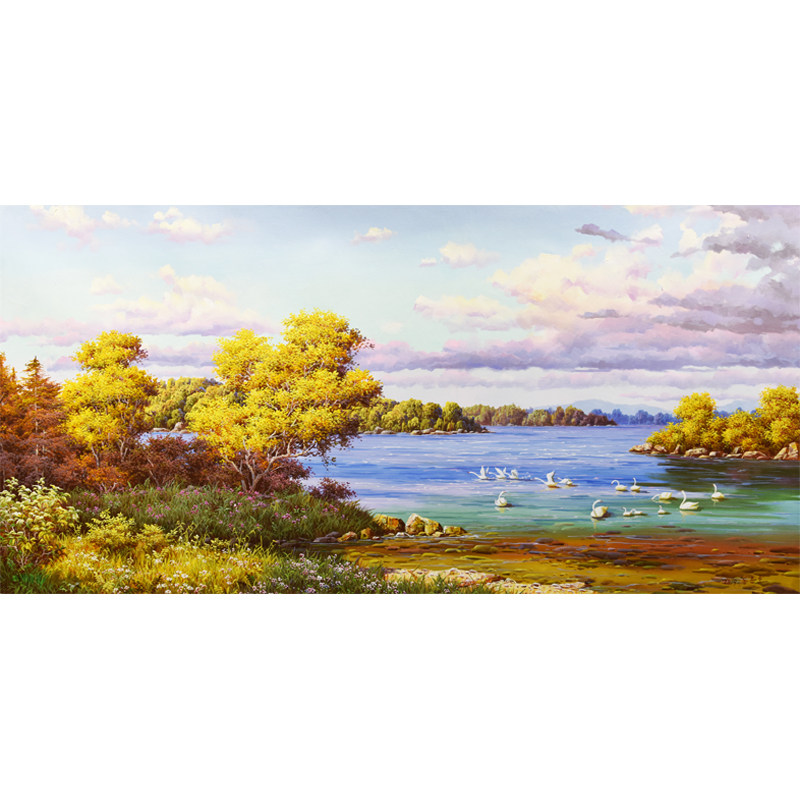 朝鲜风景油画 宽1.6米 董俊浩白虎馆长人民《天鹅湖畔》xa480