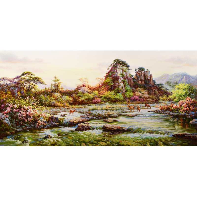 朝鲜风景油画 宽1.6米 朴永日 功勋艺术家《溪边里》锦绣山xa425