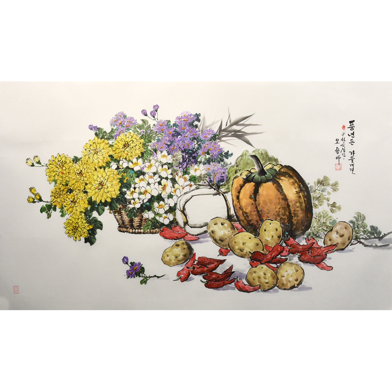 朝鲜国画拍卖 宽1.2米吴香雅一级艺术家《丰年的秋天