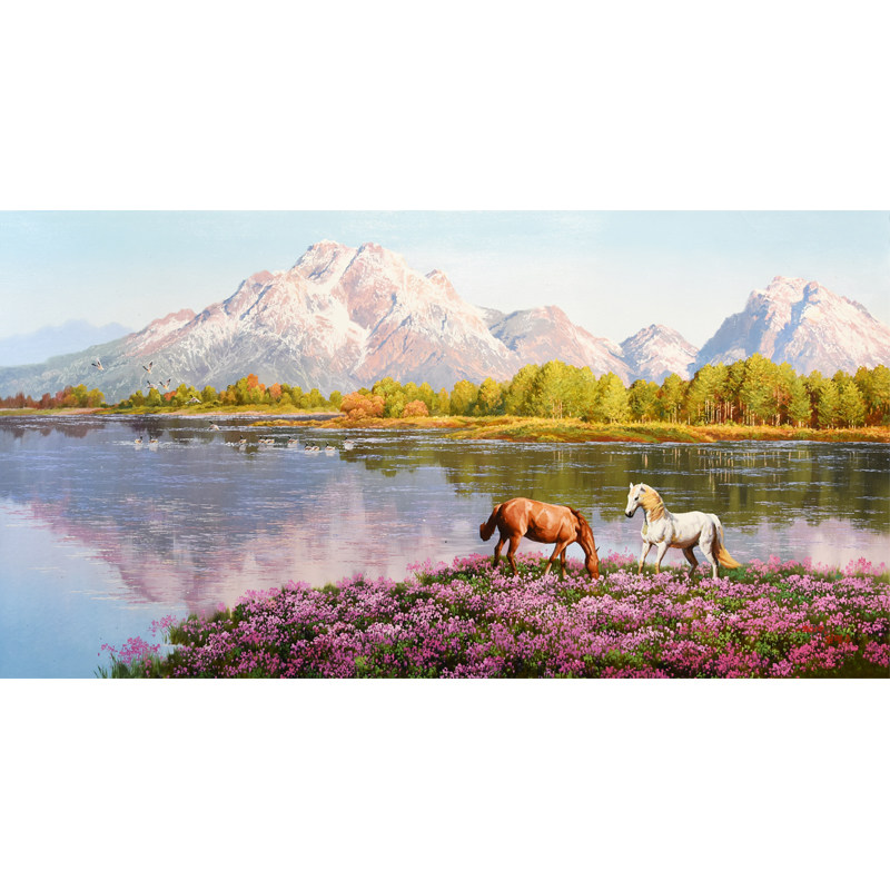 朝鲜风景油画手绘 宽1.6米 金明洙 功勋艺术家《湖畔憩马》we463