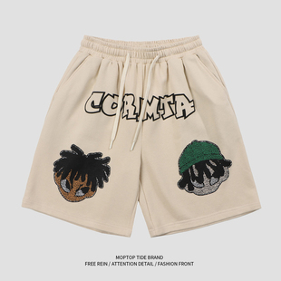 男街头直筒宽松五分裤 WH先生美式 潮牌复古卡通印花嘻哈运动短裤