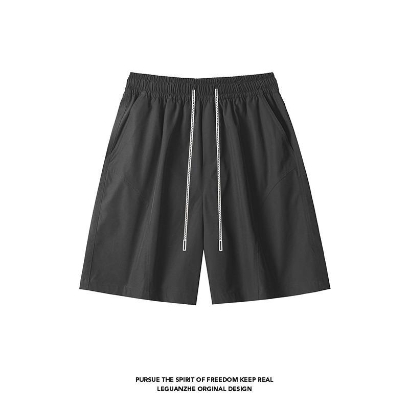 WH先生休闲运动风直筒短裤男夏季宽松抽绳五分裤速干黑色潮流裤子