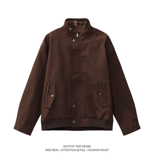 WH先生美式复古假两件格纹拼接哈灵顿夹克男冬季巴恩风短款外套