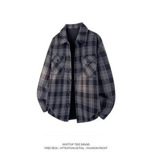 WH先生格子长袖衬衫男款春夏季翻领复古宽松情侣外套衬衣潮牌上衣
