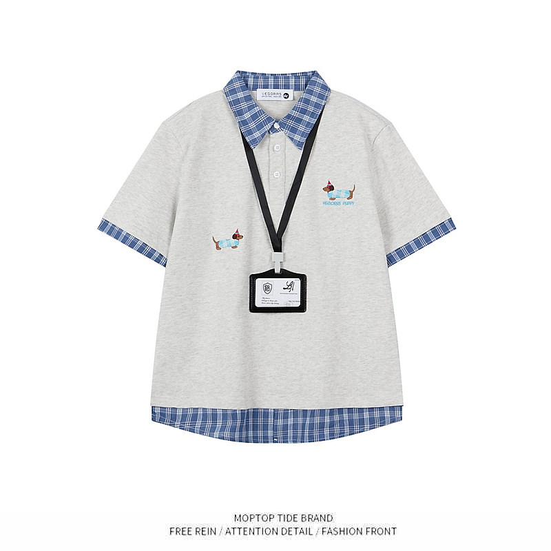 WH先生复古小狗刺绣格子POLO领短袖T恤男夏季情侣宽松短款上衣