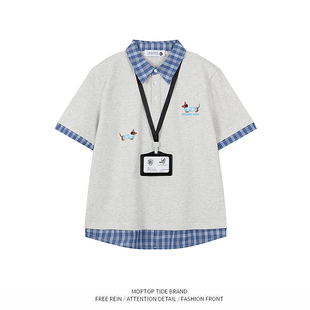 WH先生复古小狗刺绣格子POLO领短袖T恤男夏季情侣宽松短款上衣