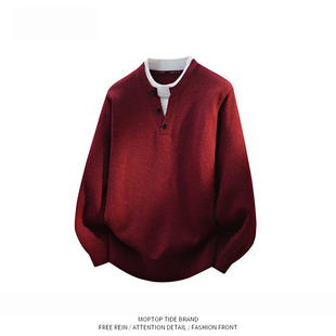 WHXS假两件亨利领毛衣男女情侣宽松红色针织衫秋季保暖上衣