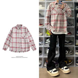 WH先生红色毛边长袖格子衬衫男女美式复古宽松百搭休闲情侣开衫潮
