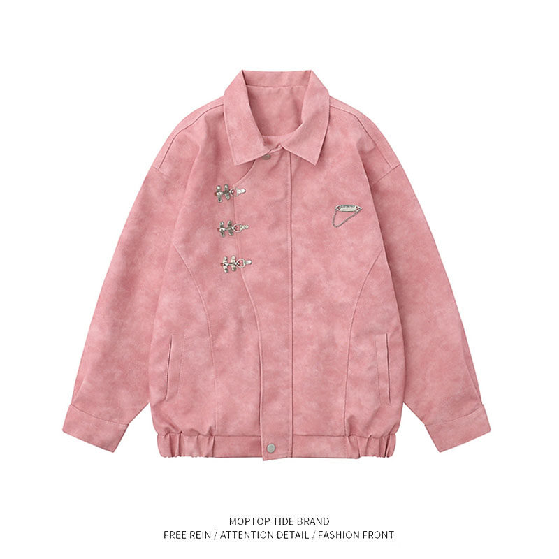 WH先生美式金属装饰粉色翻领皮衣夹克男女潮牌宽松百搭情侣外套