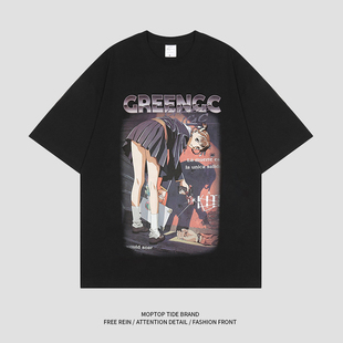 WH先生二次元卡通动漫美女印花圆领短袖T恤男女宽松潮流上衣夏季