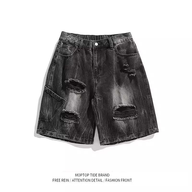 牛仔五分裤男款夏季直筒短裤潮牌潮流宽松休闲美式破洞中裤子男生