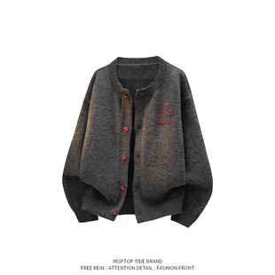 WHXS美式复古圆领开衫毛衣男女秋季宽松高级感针织衫外套