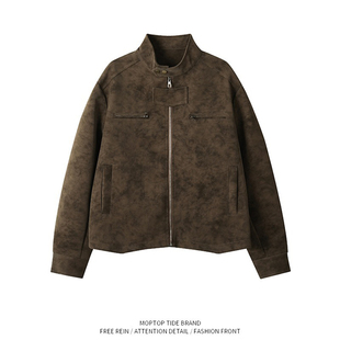 WH先生港式复古痞帅风翻领夹克男春秋宽松机车皮衣外套