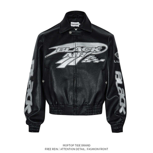 美式 高街复古重工机车服夹克男女百搭宽松嘻哈情侣皮衣外套潮
