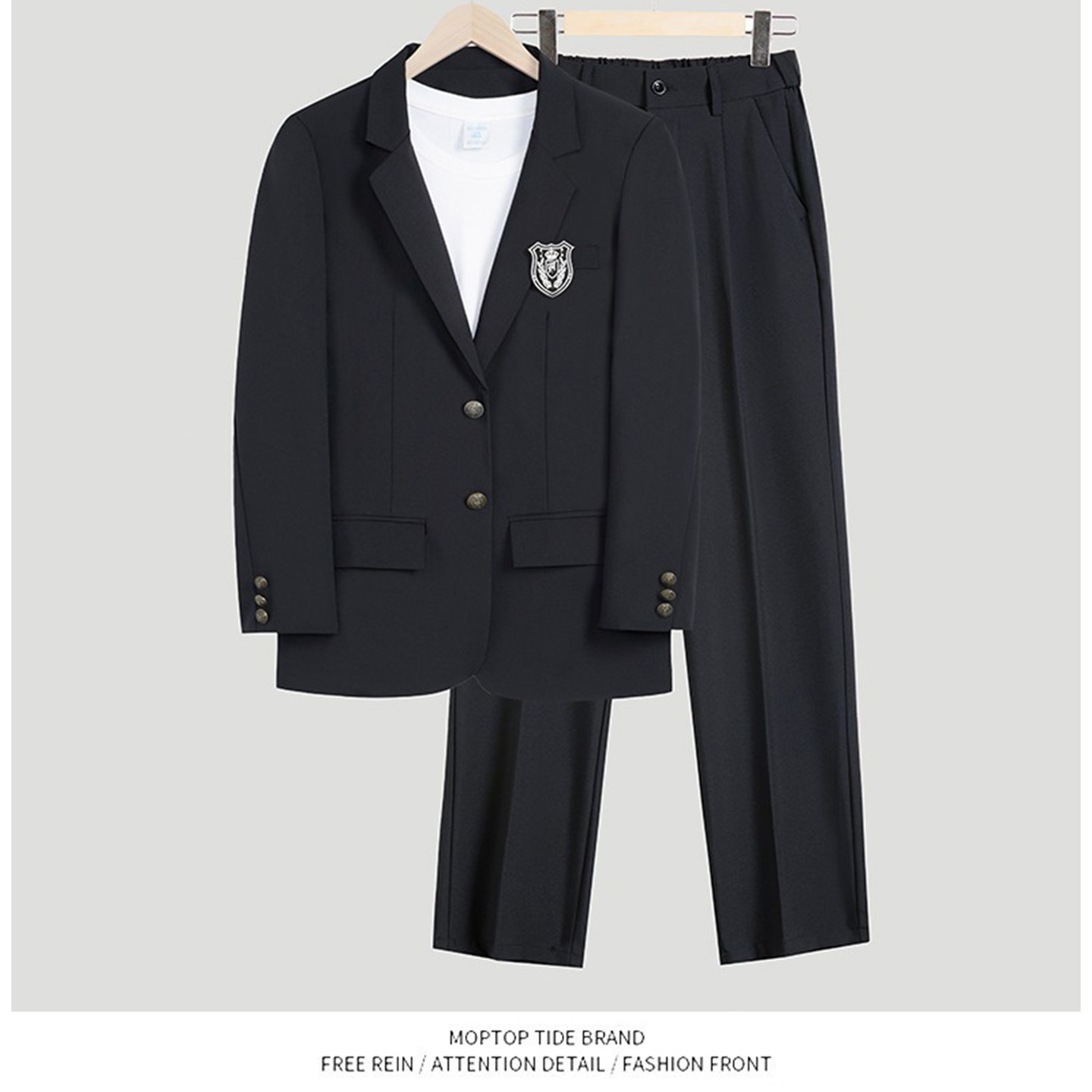 WH先生日系黑色西服外套男学院风宽松西装西裤子校供制服全套装