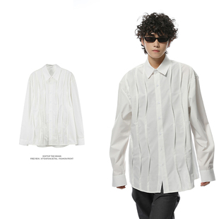 WH先生压褶拼接长袖衬衣宽松百搭纯色衬衣男女慵懒潮