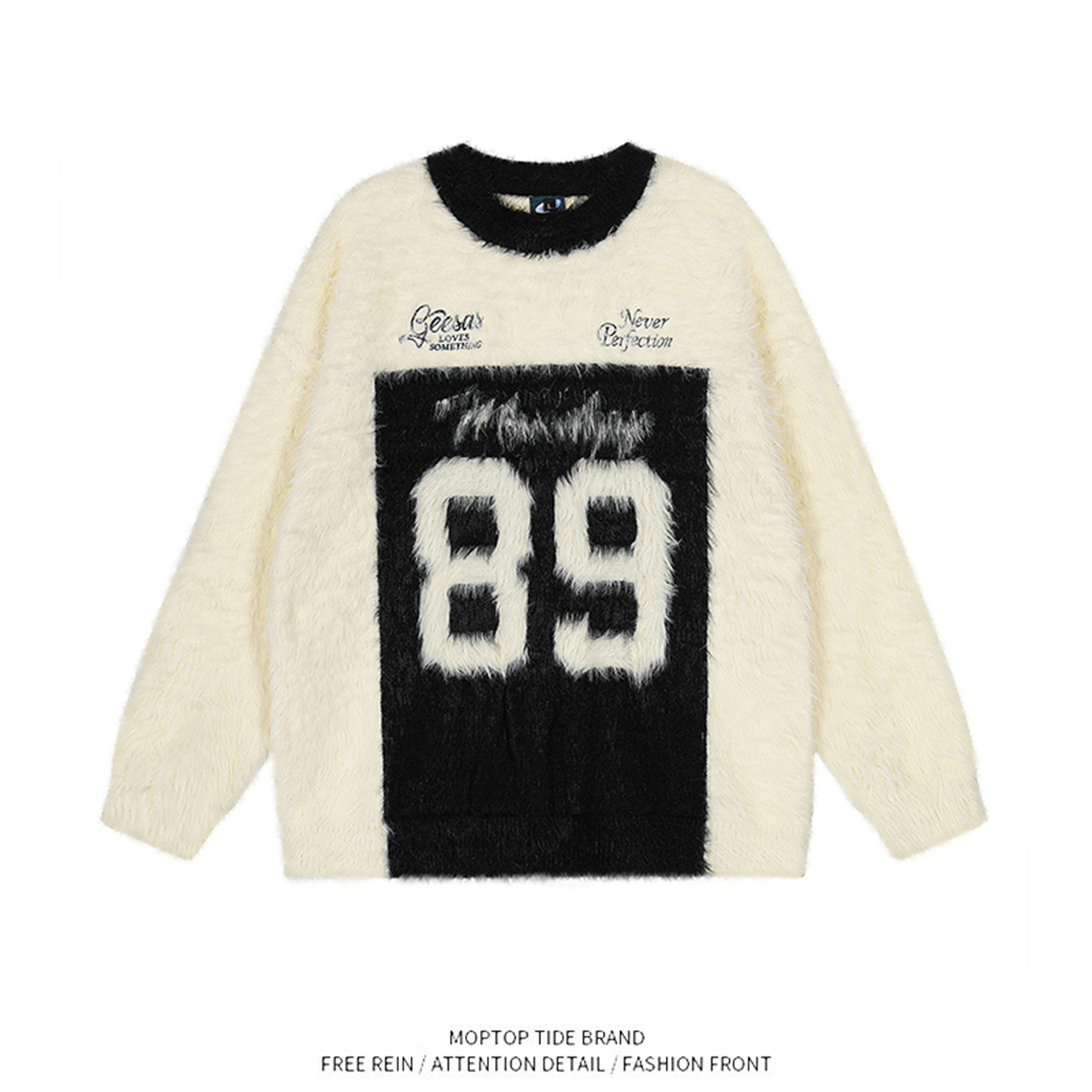 美式运动数字印花撞色圆领毛衣女潮牌宽松休闲保暖仿水貂毛针织衫