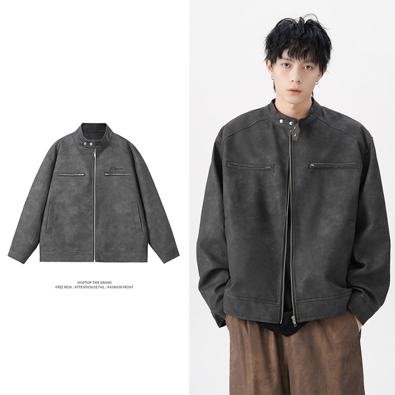 WH先生美拉德美式棕色皮衣外套男高级感飞行夹克机车情侣棒球服