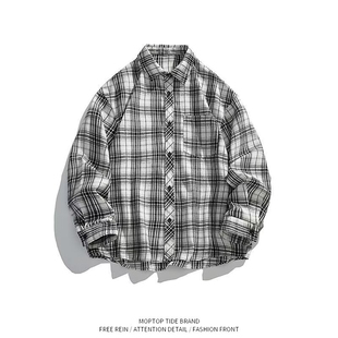 美式复古格子衬衫男春秋新款痞帅高级感内搭衬衣百搭休闲外套