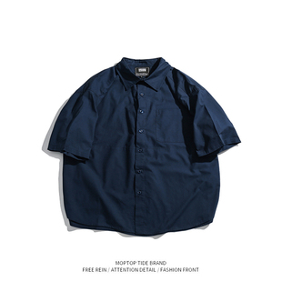 日系复古纯色工装短袖衬衫男女夏季潮牌宽松百搭休闲帅气半袖衬衣