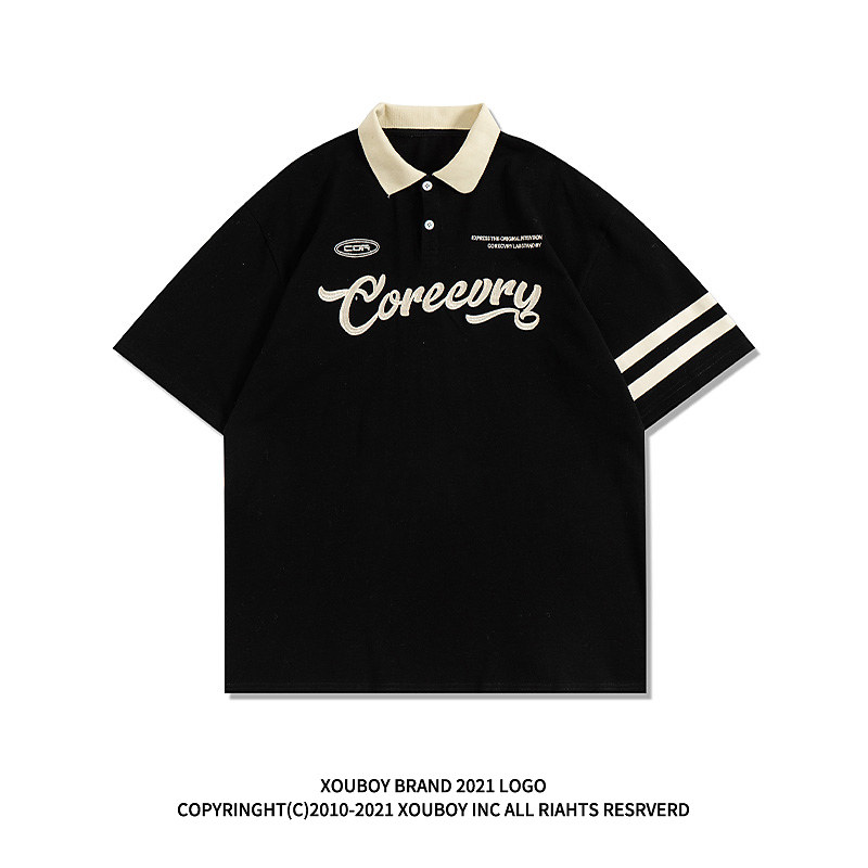 2023新款美式复古短袖Polo衫男潮牌夏季百搭字母刺绣港风学生体恤