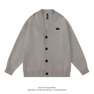 WHXS日系复古慵懒风秋冬V领开衫针织毛衣男春秋季百搭冷淡系外套